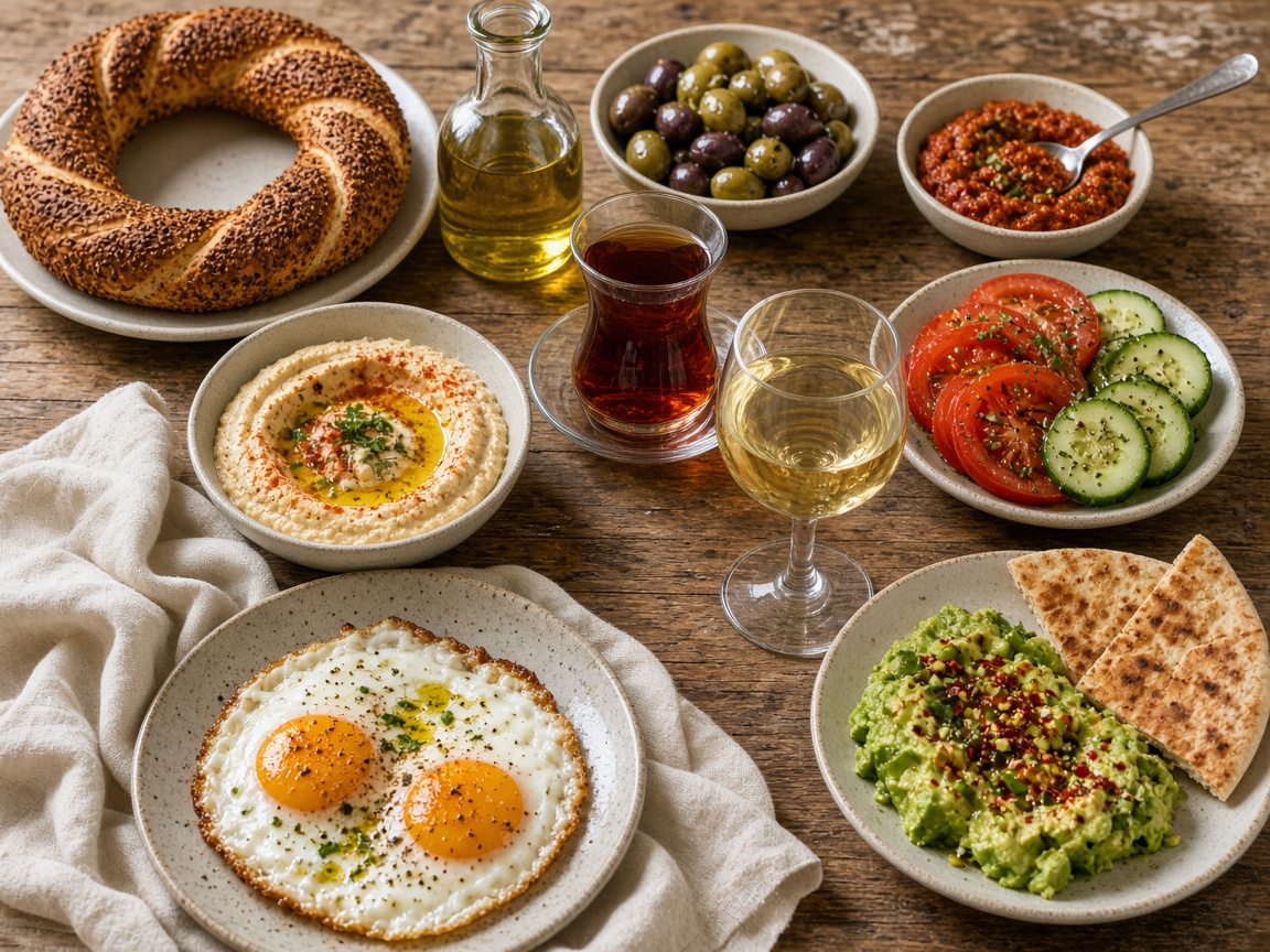 Breakfast and meze: fried eggs, avocado, simit, hummus, olives, Turkish tea, and a glass of white wine.
