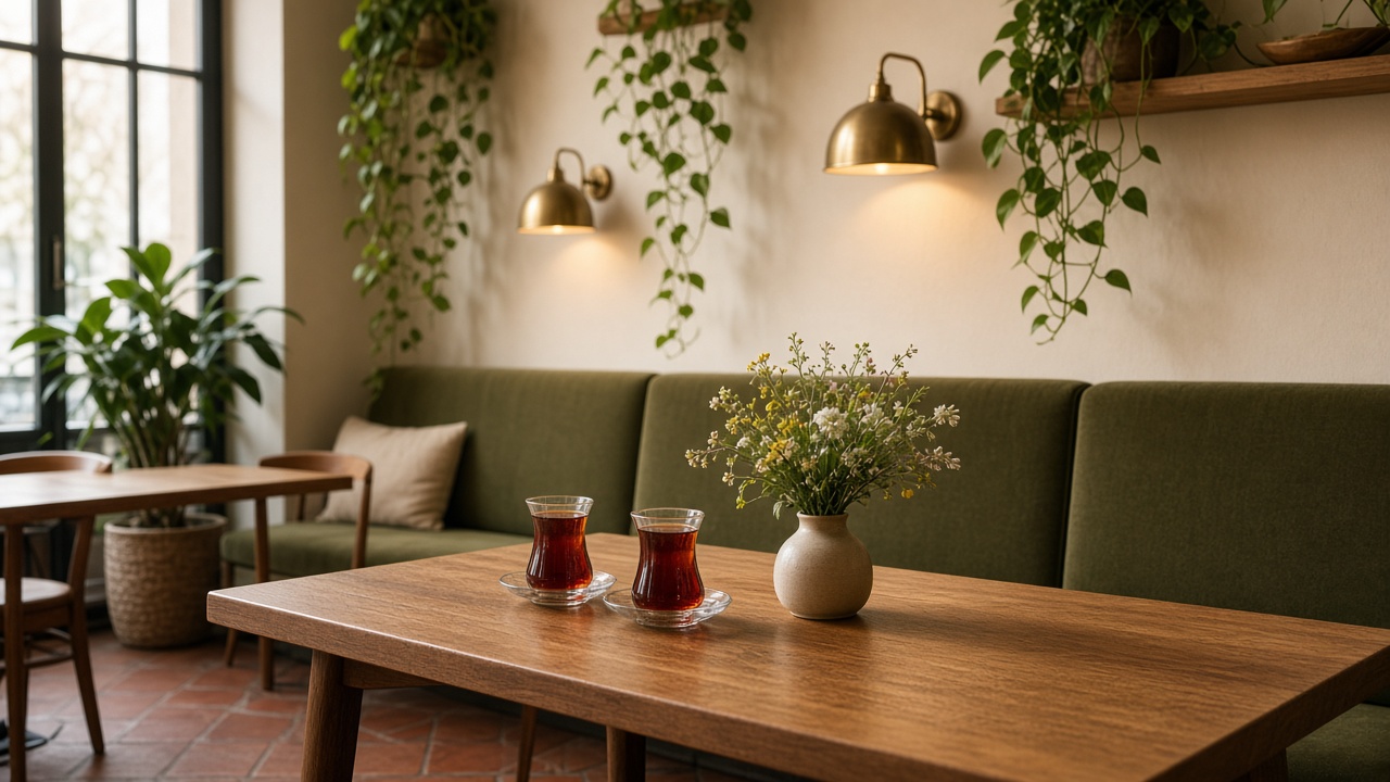 Warm café interior with an olive banquette, hanging plants, wood table, and two glasses of Turkish tea.