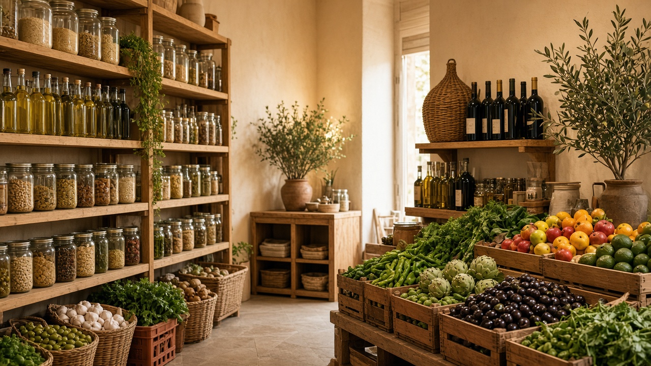 Organic market shelves of jars, olive oil, wine, and wooden crates of fresh fruit and vegetables.