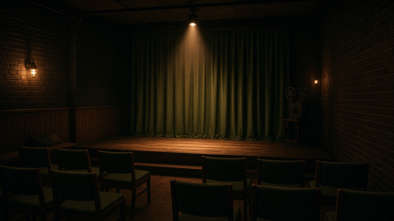 Basement Organic Stage and Cinema: a small wooden stage, olive curtain, spotlight, and a row of chairs.